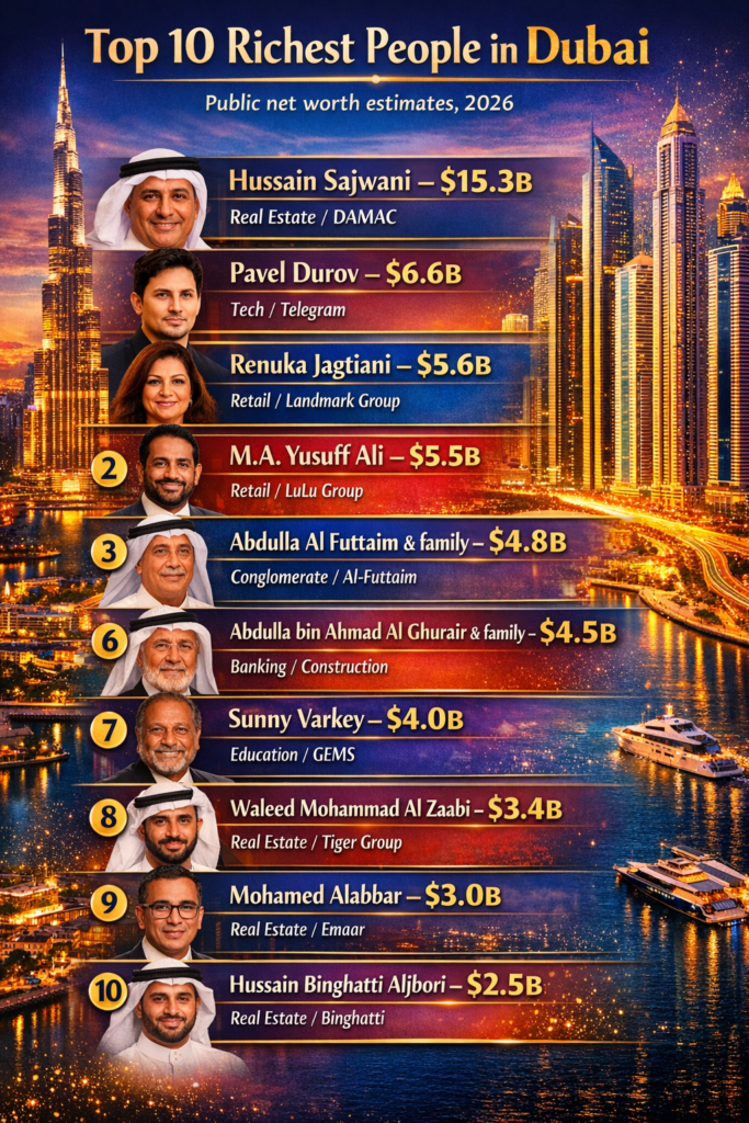 Top 10 richest people in Dubai infographic with public net worth estimates for 2026